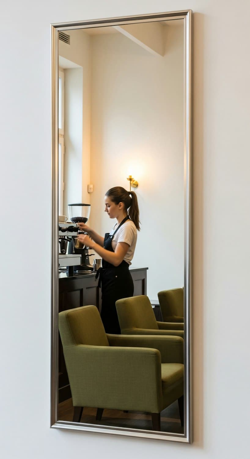 Barista grinding coffee behind the bar, reflected in a mirror beside green armchairs