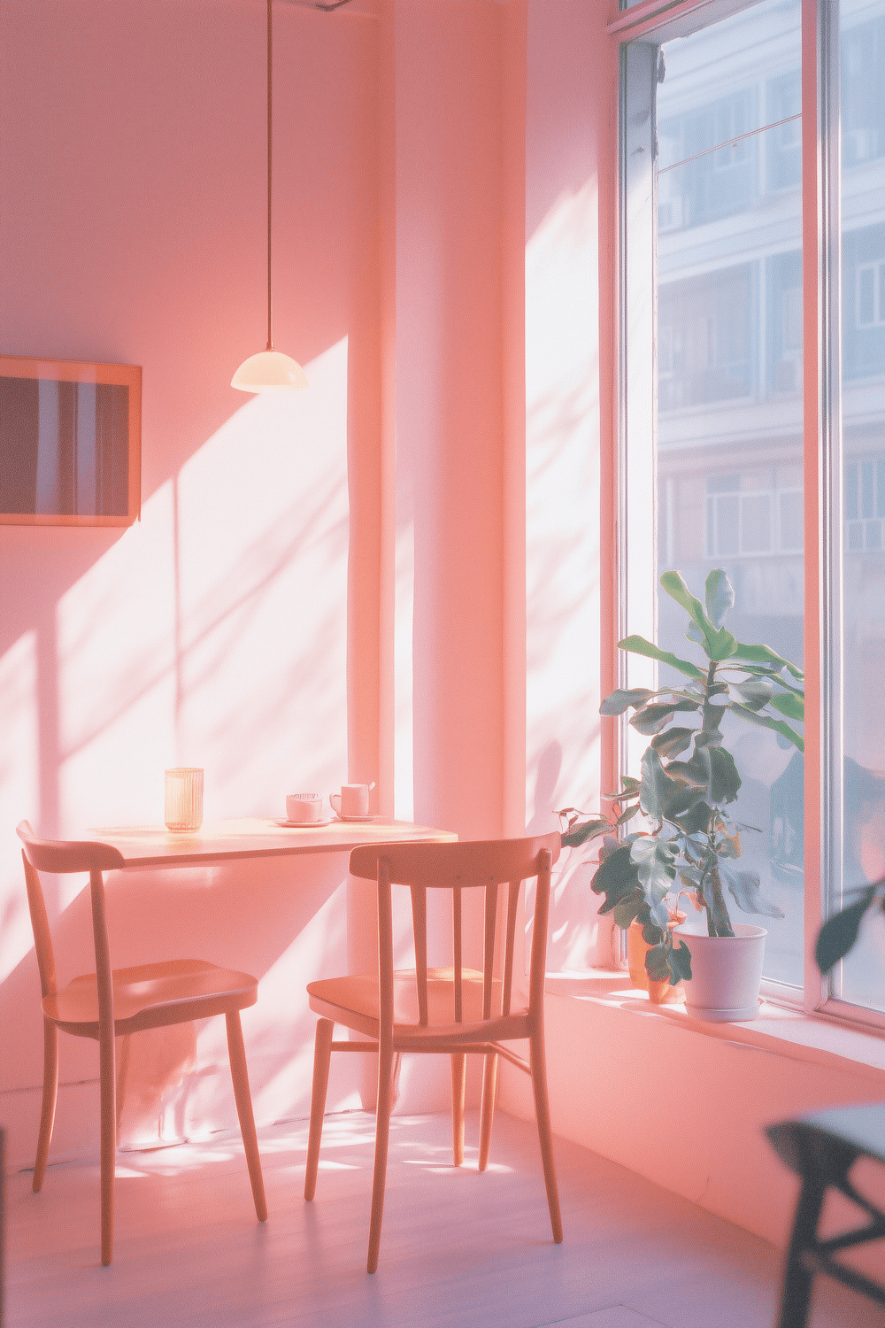 Sunlit corner table beside a tall window and a potted plant