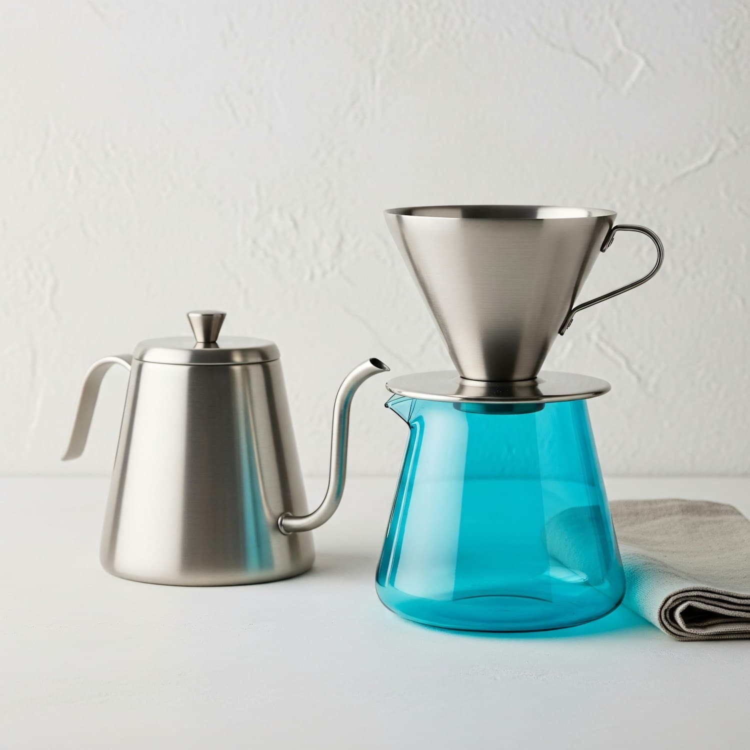 Gooseneck kettle beside a pour-over dripper on a glass carafe