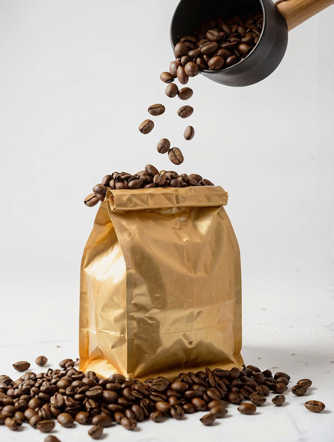 Freshly roasted coffee beans pouring into a golden bag