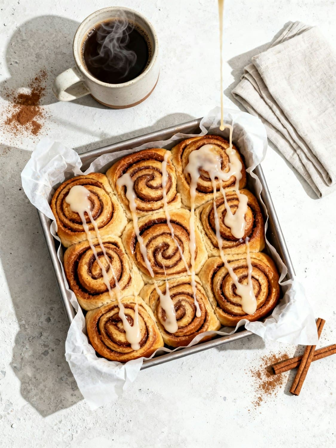 Tray of cinnamon rolls with glaze drizzled over the top, next to a cup of coffee
