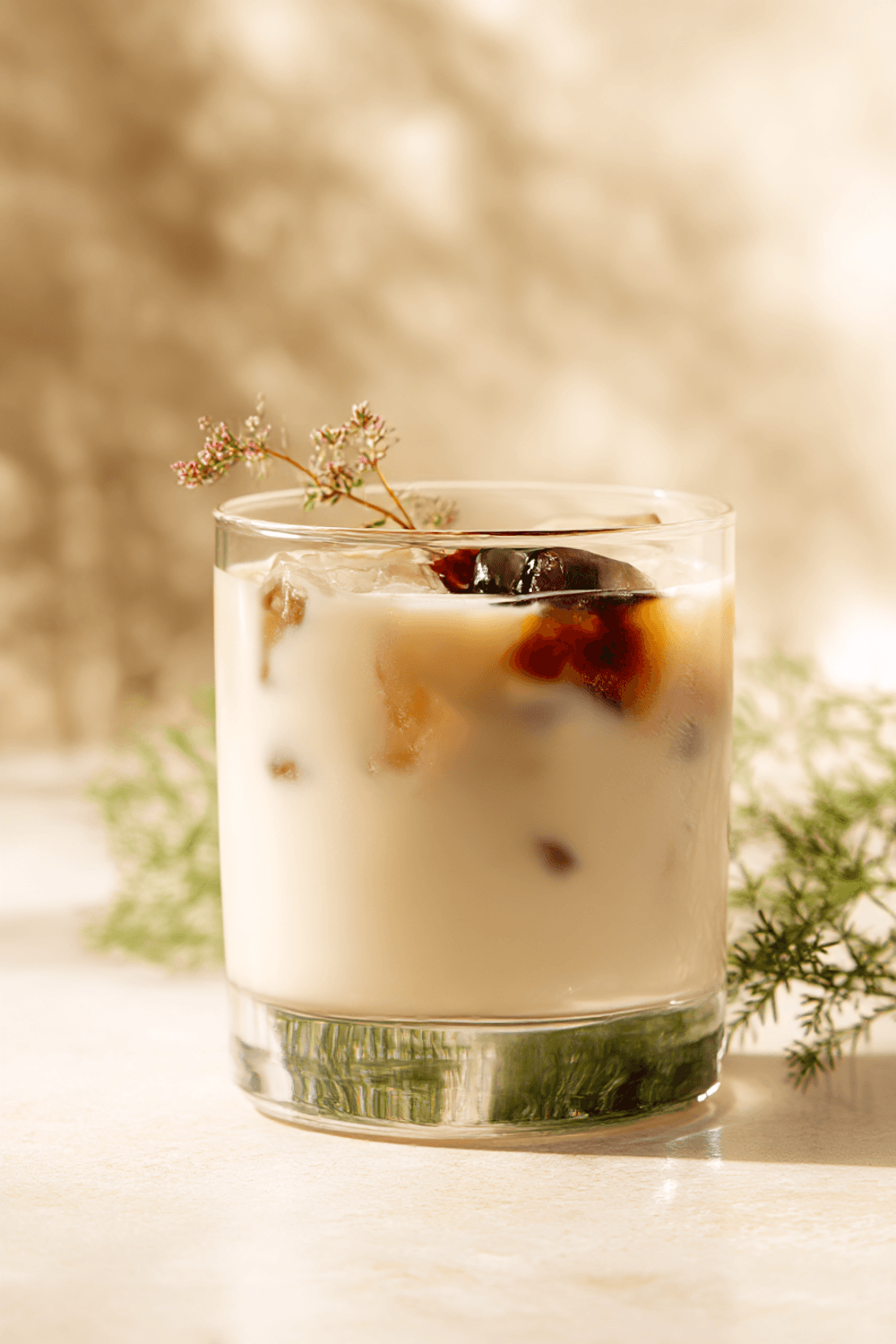 Iced latte with cold brew ice cubes and a sprig of flowering thyme